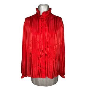 Laura Mae Red Top - Frilly Highneck Tie Button down - perfect for holiday season